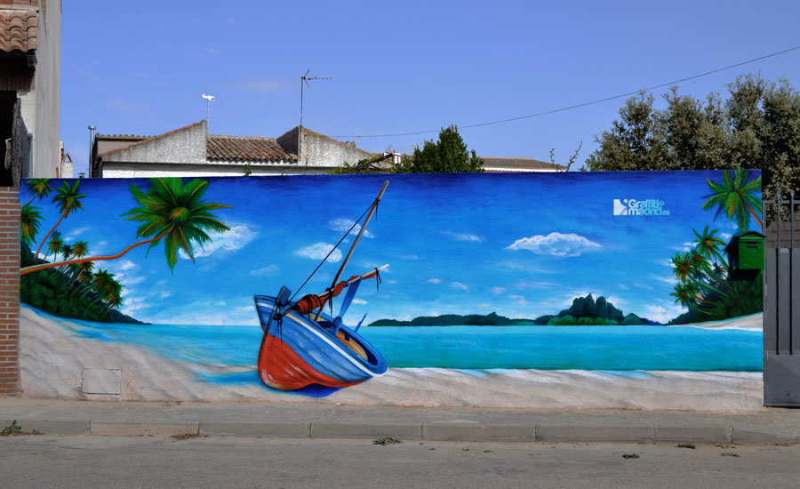mural barco palmeras